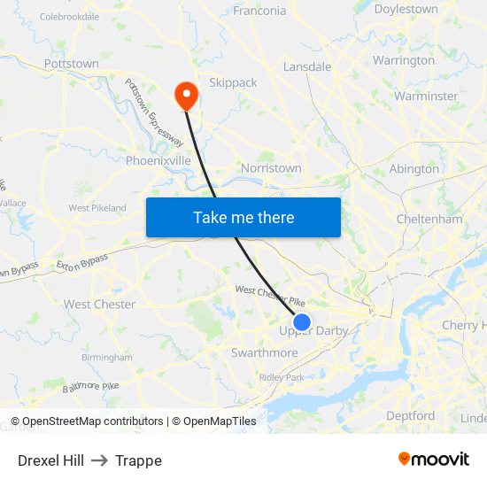 Drexel Hill to Trappe map