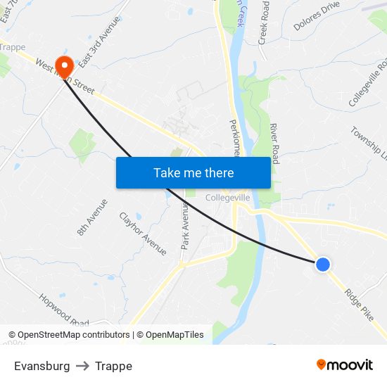 Evansburg to Trappe map