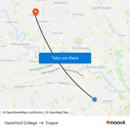 Haverford College to Trappe map