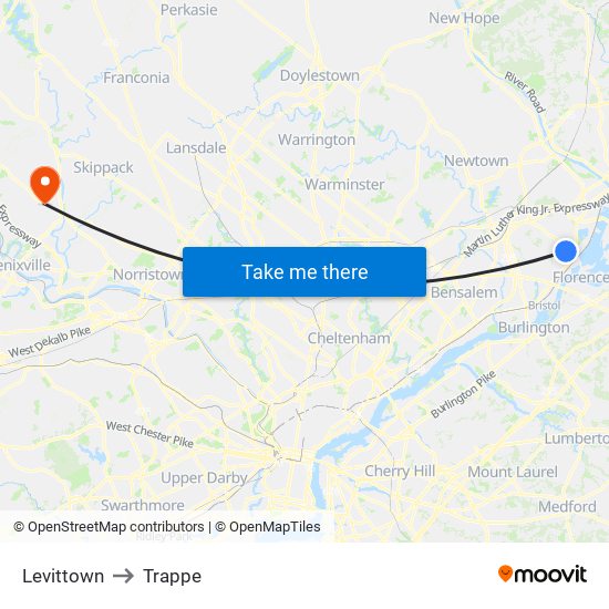 Levittown to Trappe map