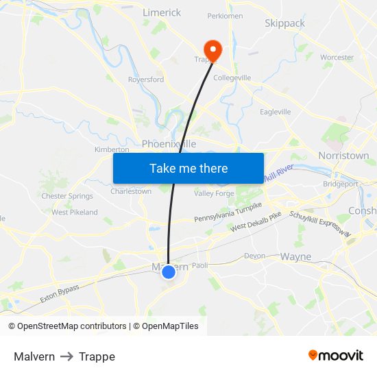 Malvern to Trappe map