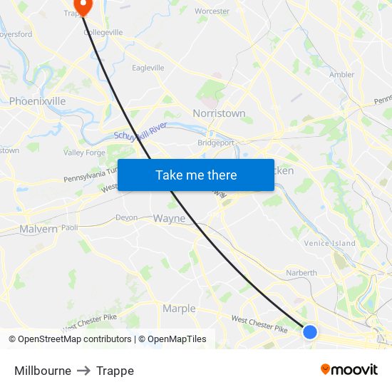 Millbourne to Trappe map
