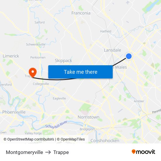 Montgomeryville to Trappe map