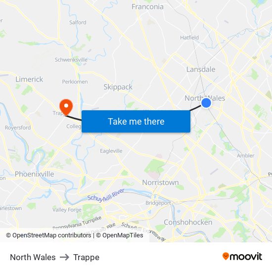 North Wales to Trappe map