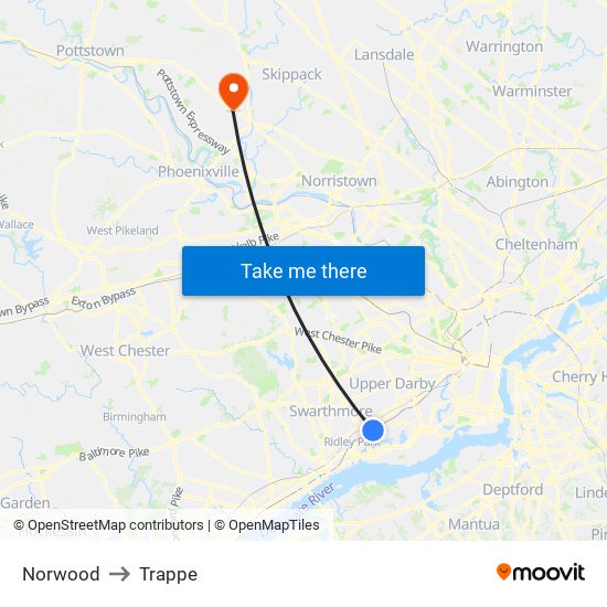 Norwood to Trappe map