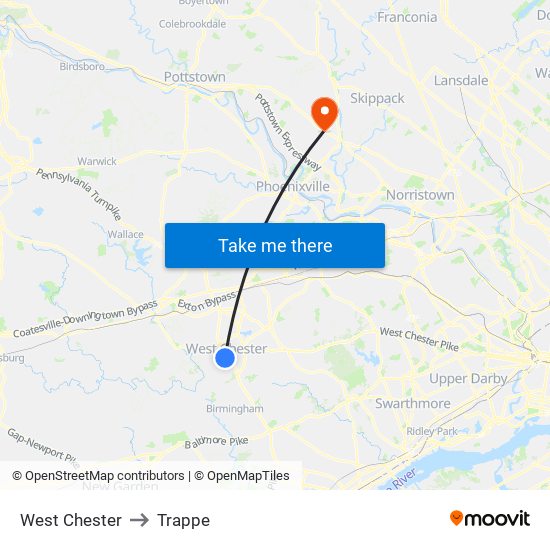 West Chester to Trappe map