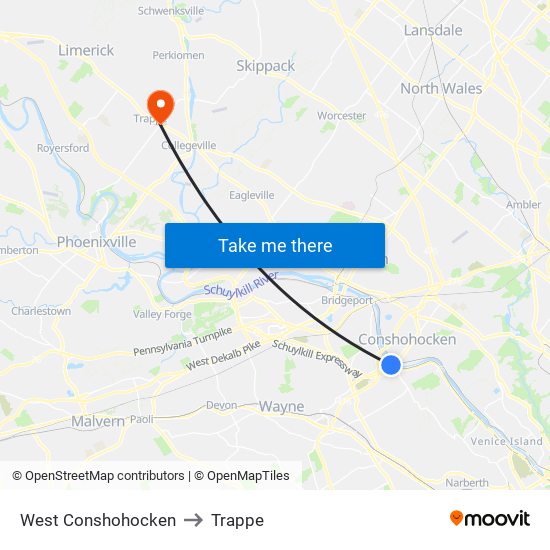 West Conshohocken to Trappe map