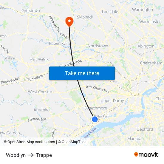 Woodlyn to Trappe map