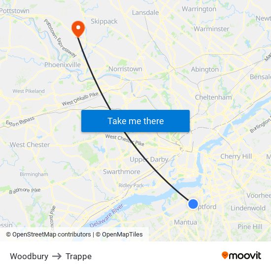 Woodbury to Trappe map