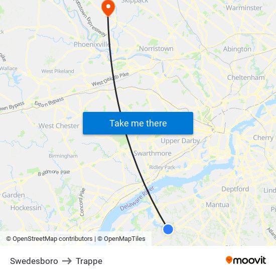Swedesboro to Trappe map