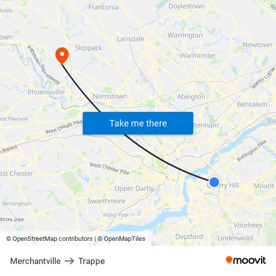 Merchantville to Trappe map