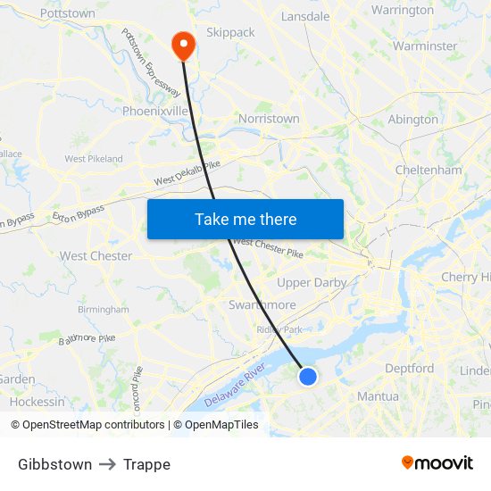 Gibbstown to Trappe map