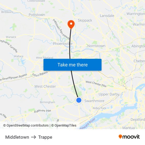 Middletown to Trappe map