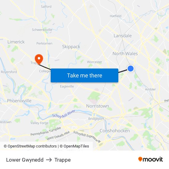 Lower Gwynedd to Trappe map