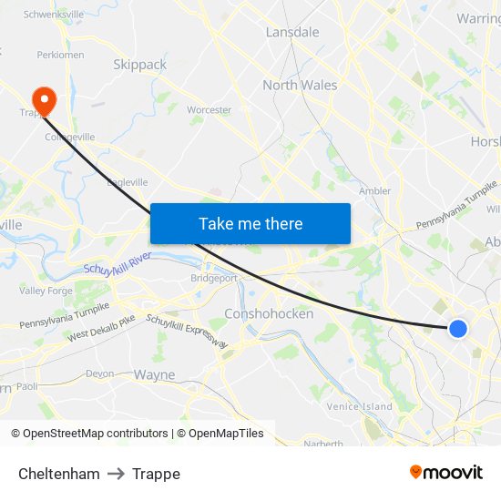 Cheltenham to Trappe map