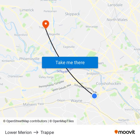 Lower Merion to Trappe map