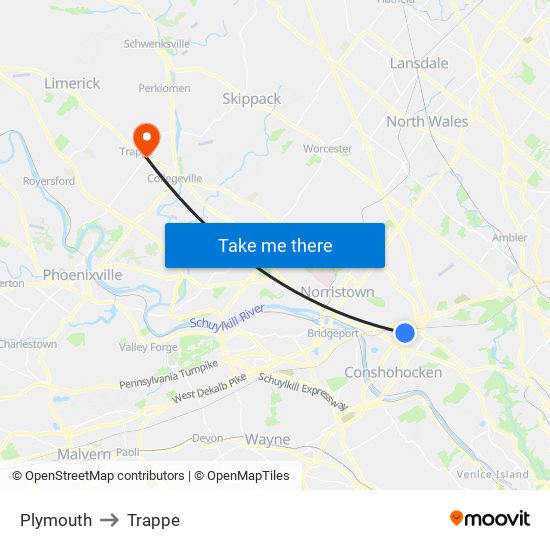 Plymouth to Trappe map