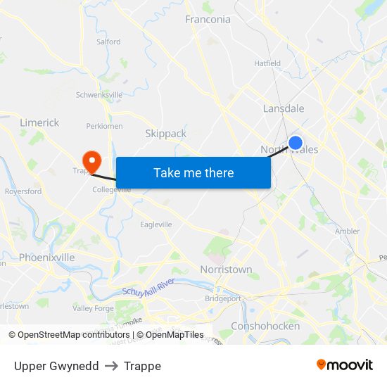 Upper Gwynedd to Trappe map