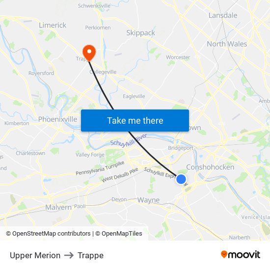 Upper Merion to Trappe map