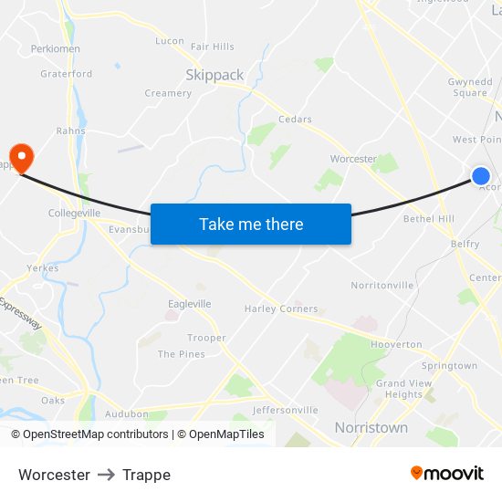 Worcester to Trappe map