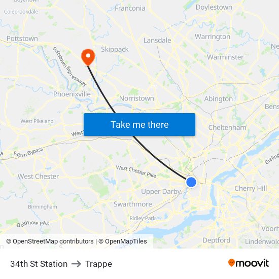 34th St Station to Trappe map