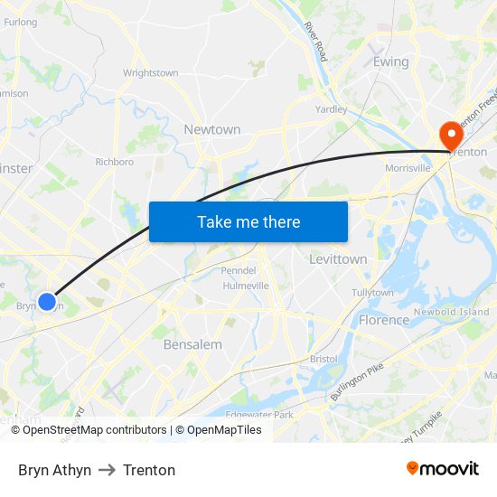 Bryn Athyn to Trenton map