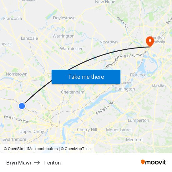 Bryn Mawr to Trenton map