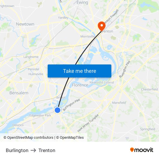 Burlington to Trenton map