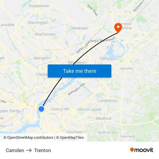 Camden to Trenton map