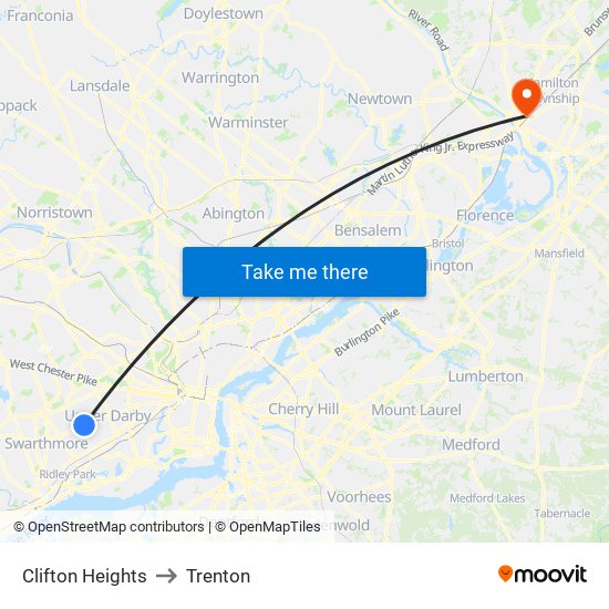 Clifton Heights to Trenton map