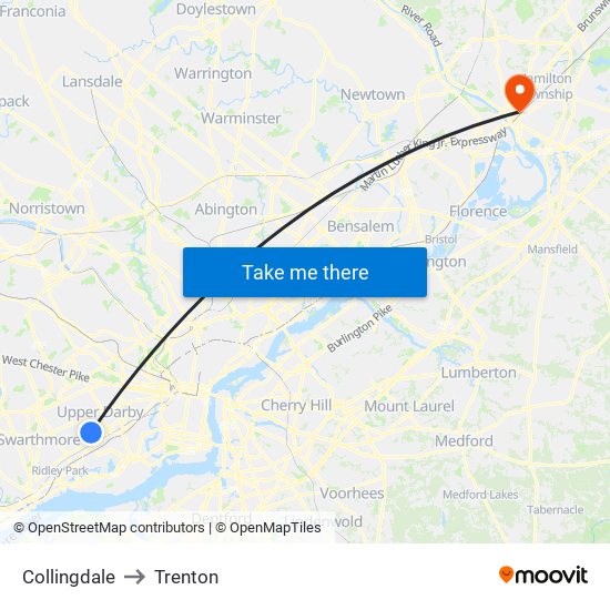 Collingdale to Trenton map