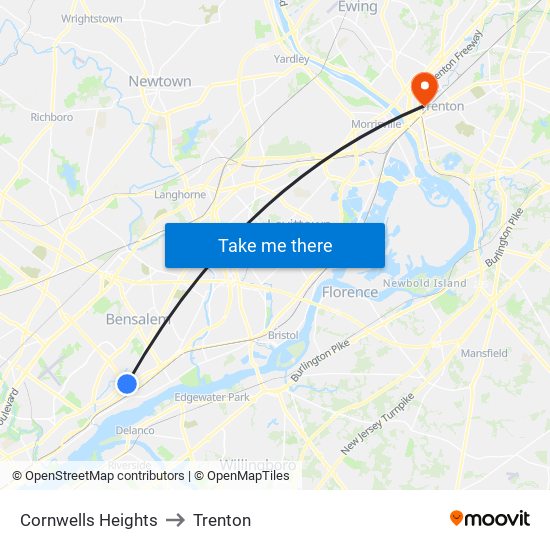 Cornwells Heights to Trenton map