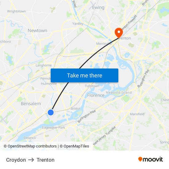 Croydon to Trenton map