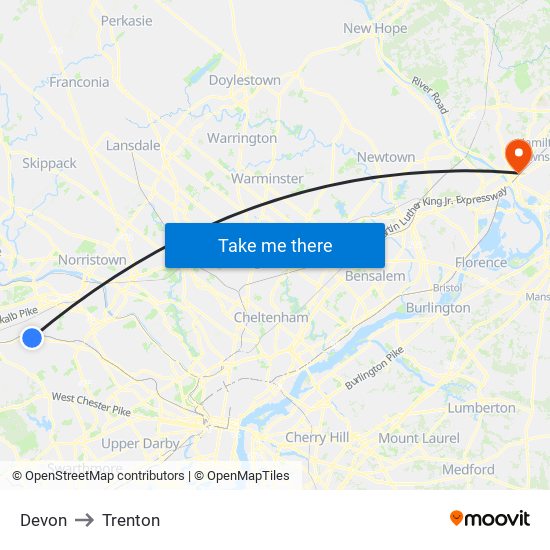 Devon to Trenton map