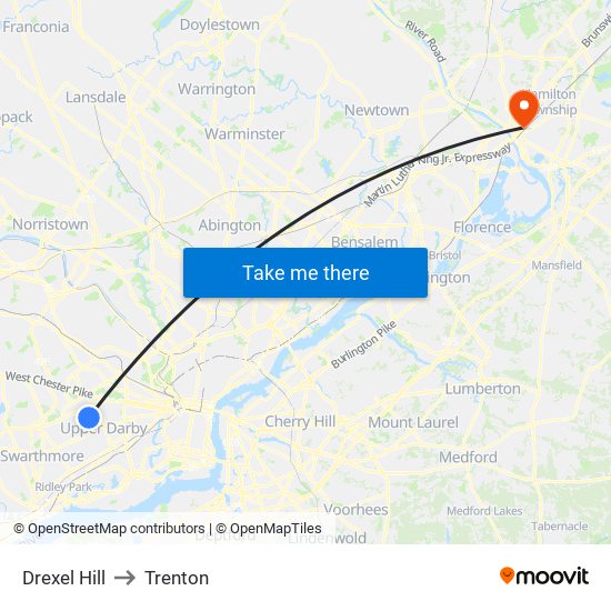 Drexel Hill to Trenton map