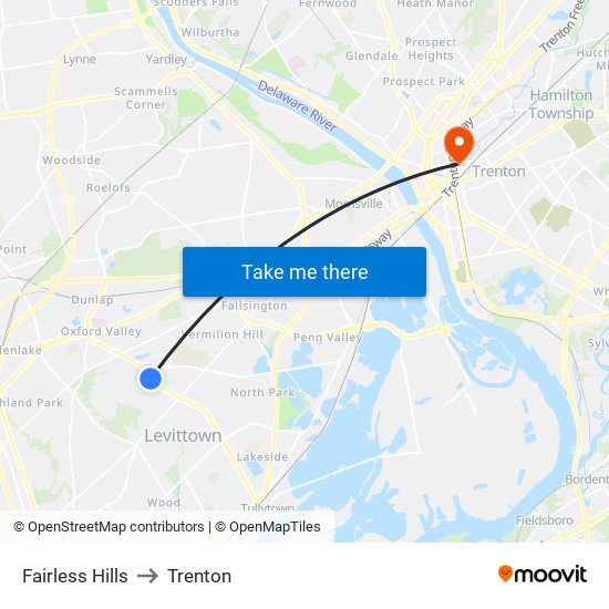 Fairless Hills to Trenton map