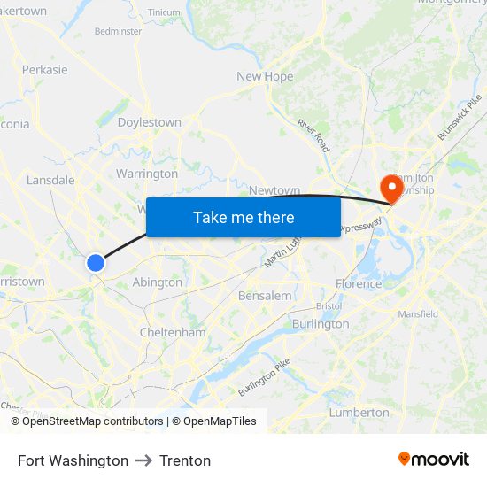 Fort Washington to Trenton map