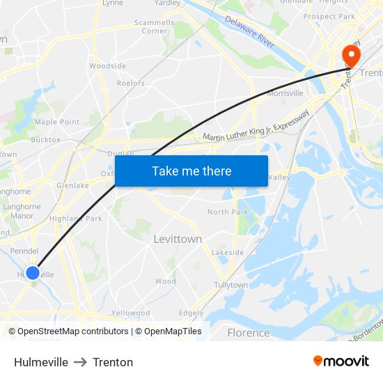 Hulmeville to Trenton map