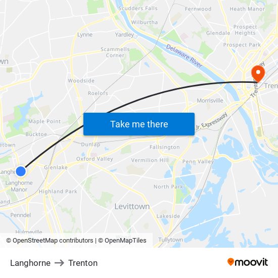 Langhorne to Trenton map
