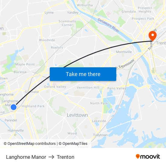 Langhorne Manor to Trenton map