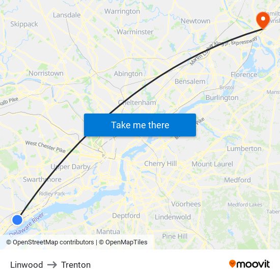 Linwood to Trenton map