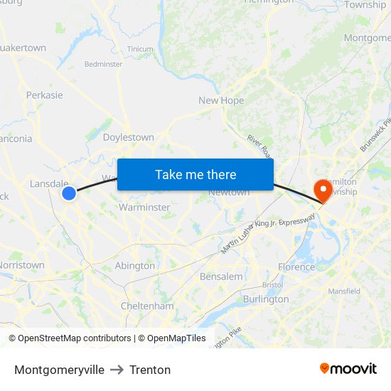 Montgomeryville to Trenton map