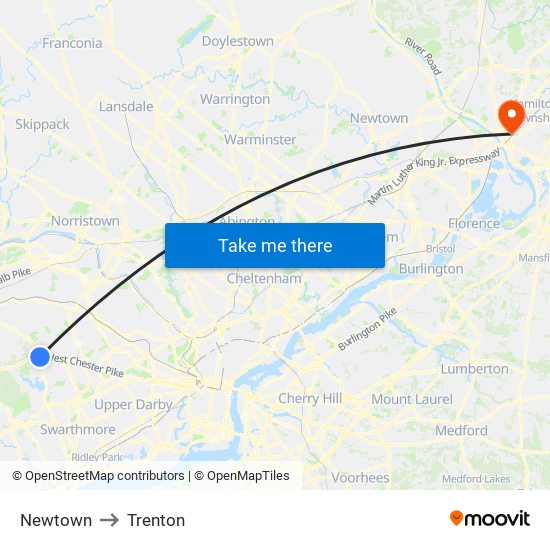 Newtown to Trenton map