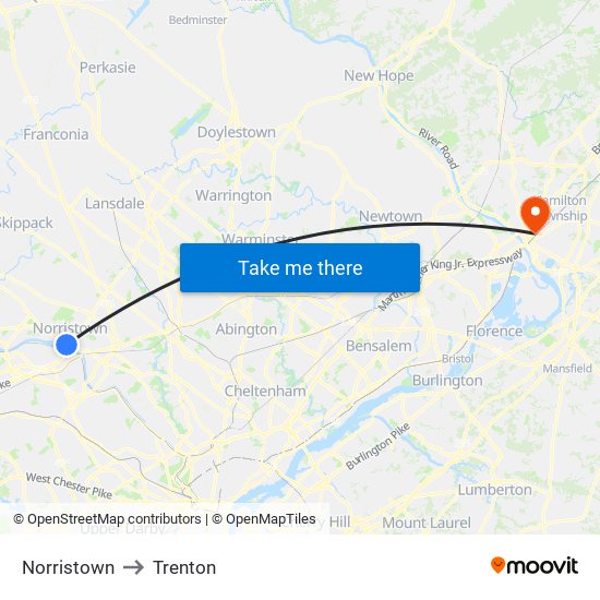 Norristown to Trenton map