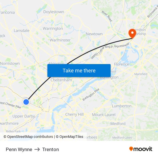 Penn Wynne to Trenton map