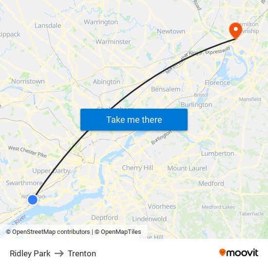 Ridley Park to Trenton map