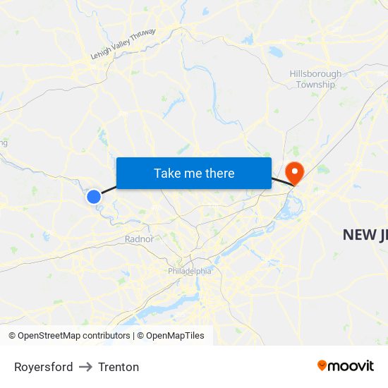 Royersford to Trenton map