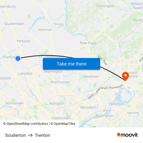 Souderton to Trenton map