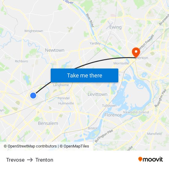 Trevose to Trenton map