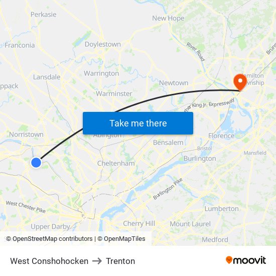 West Conshohocken to Trenton map